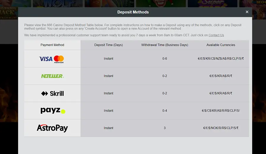 666 Casino deposit methods