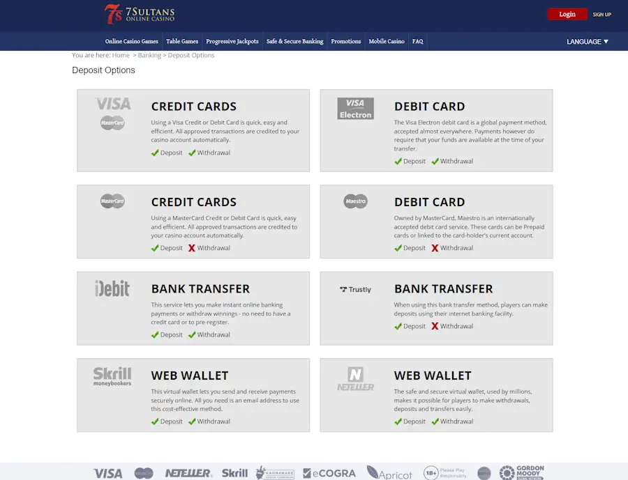 7 Sultans Casino payment methods